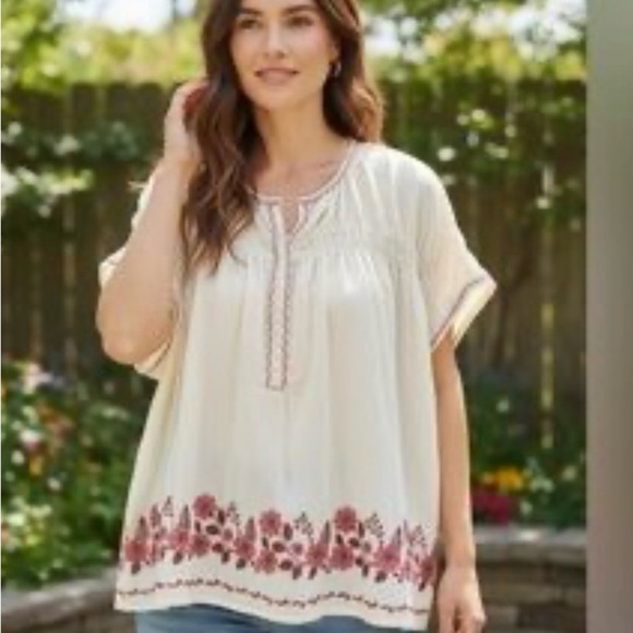 Max Studio Tops - Max Studio Cream Blouse with Red Floral Embroidery